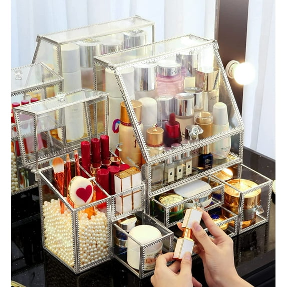 ZXNYH Glass Gold Bathroom Organizer/Stackable 2Pieces Drawer Set Storage/Antique Countertop Vanity Cosmetic Storage Box Mirror Glass Beauty Display, Skincare Storage Toner with free Pearl