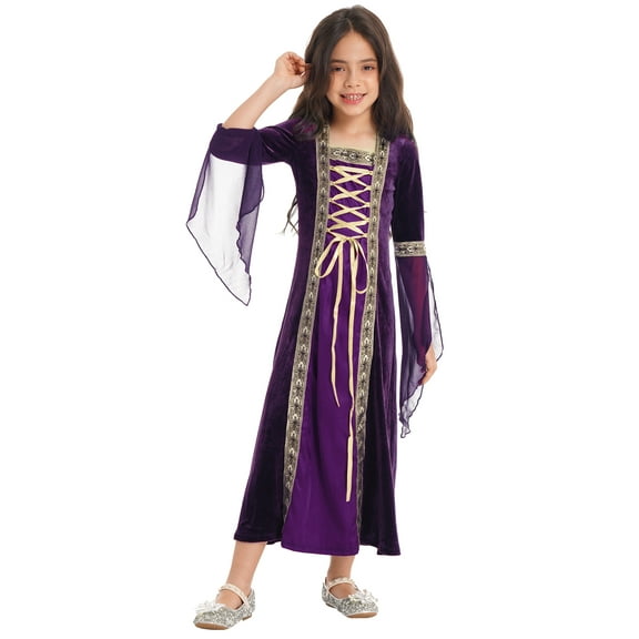 TiaoBug Kids Girl's Renaissance Party Gown Halloween Cosplay Medieval Costume Retro Embroidered Long Dress Purple 4