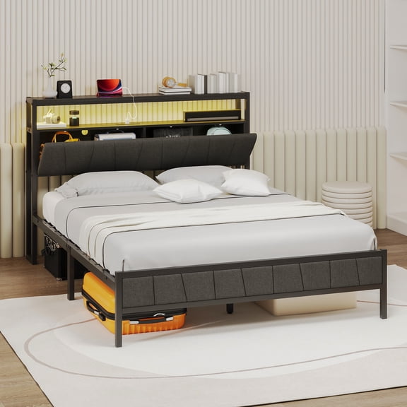 Uforic Queen Bed Frame with LED Lights, Power Hub, and Storage Headboard, No Box Spring Needed, Gray