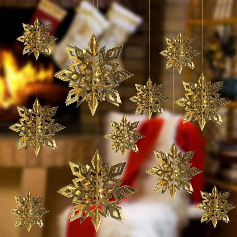 18Pcs 3D Hanging Christmas Snowflake Decorations, Winter Gold