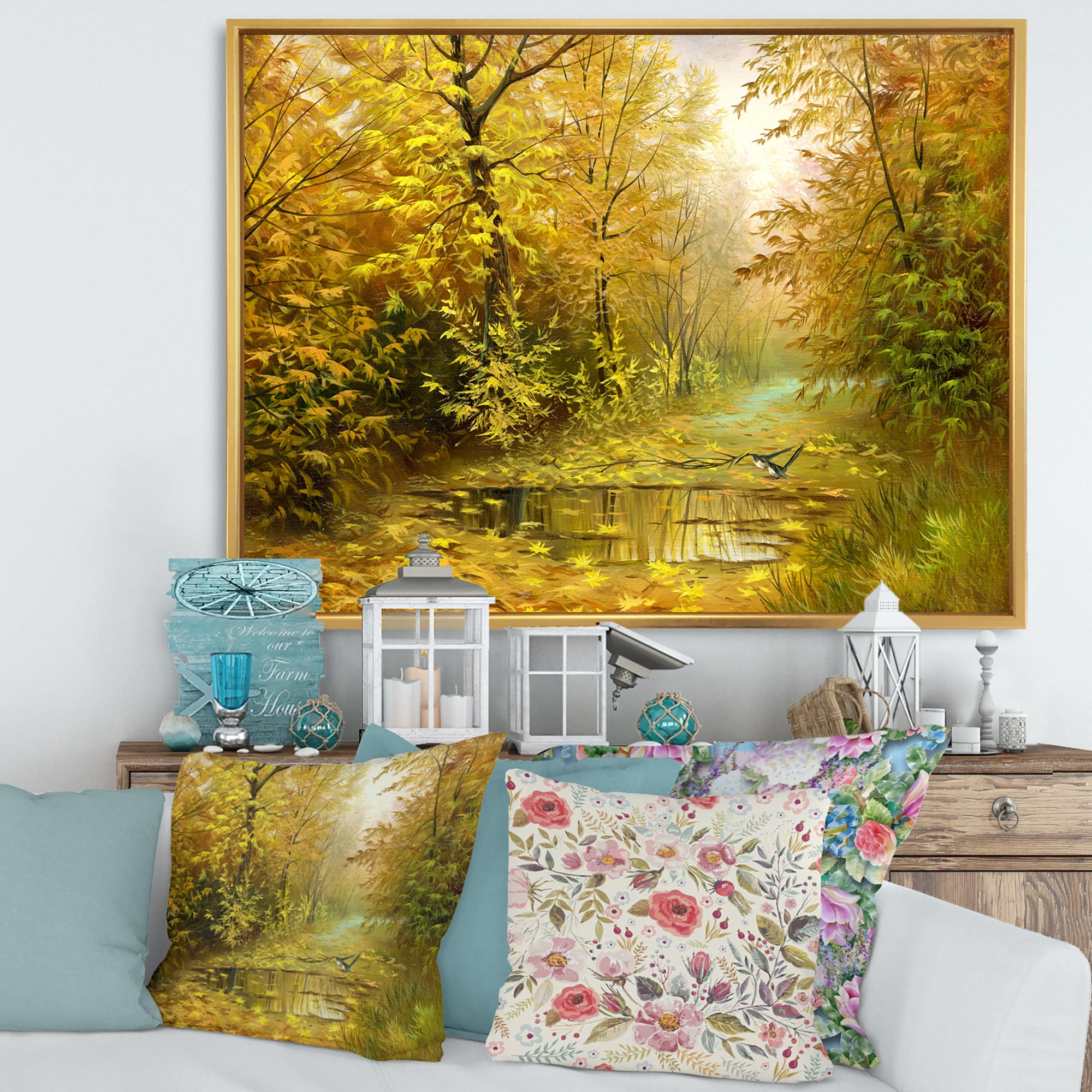 Designart 'Rain Water On Road In Yellow Woodlands' Country Framed Canvas Wall Art Print