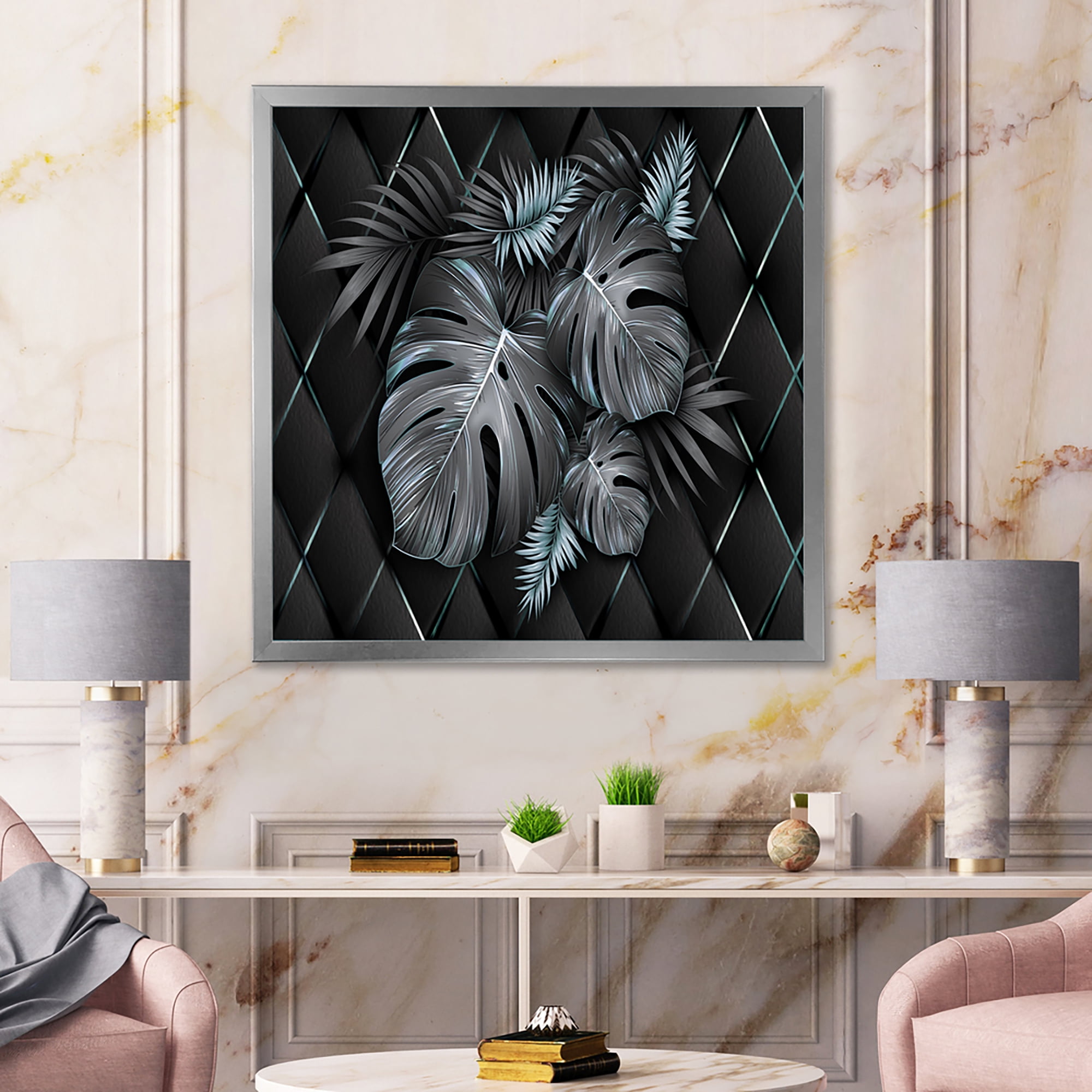 Designart 'Gold and Black Tropical Leaves I' Modern Framed Art Print