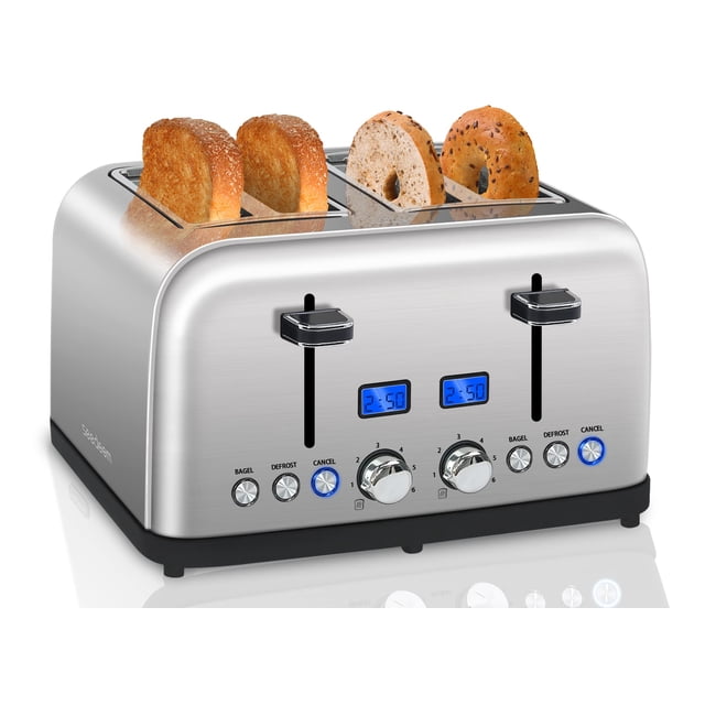 Tostadora SEEDEEM de 4 rebanadas, pantalla LCD, 6 ajustes de sombra, tostadora de acero inoxidable, ranuras de 1,5 pulgadas de ancho, tostadora digital para bagel, descongelar, recalentar, control dua