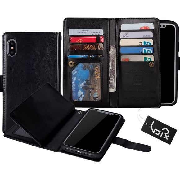 for iPhone Xs iPhone X Case, Wallet Leather Flip Card Holder Case, 2 in 1 Detachable Magnetic Back Cover for iPhone 10 / iPhone Xs (5.8-inches Display) Black