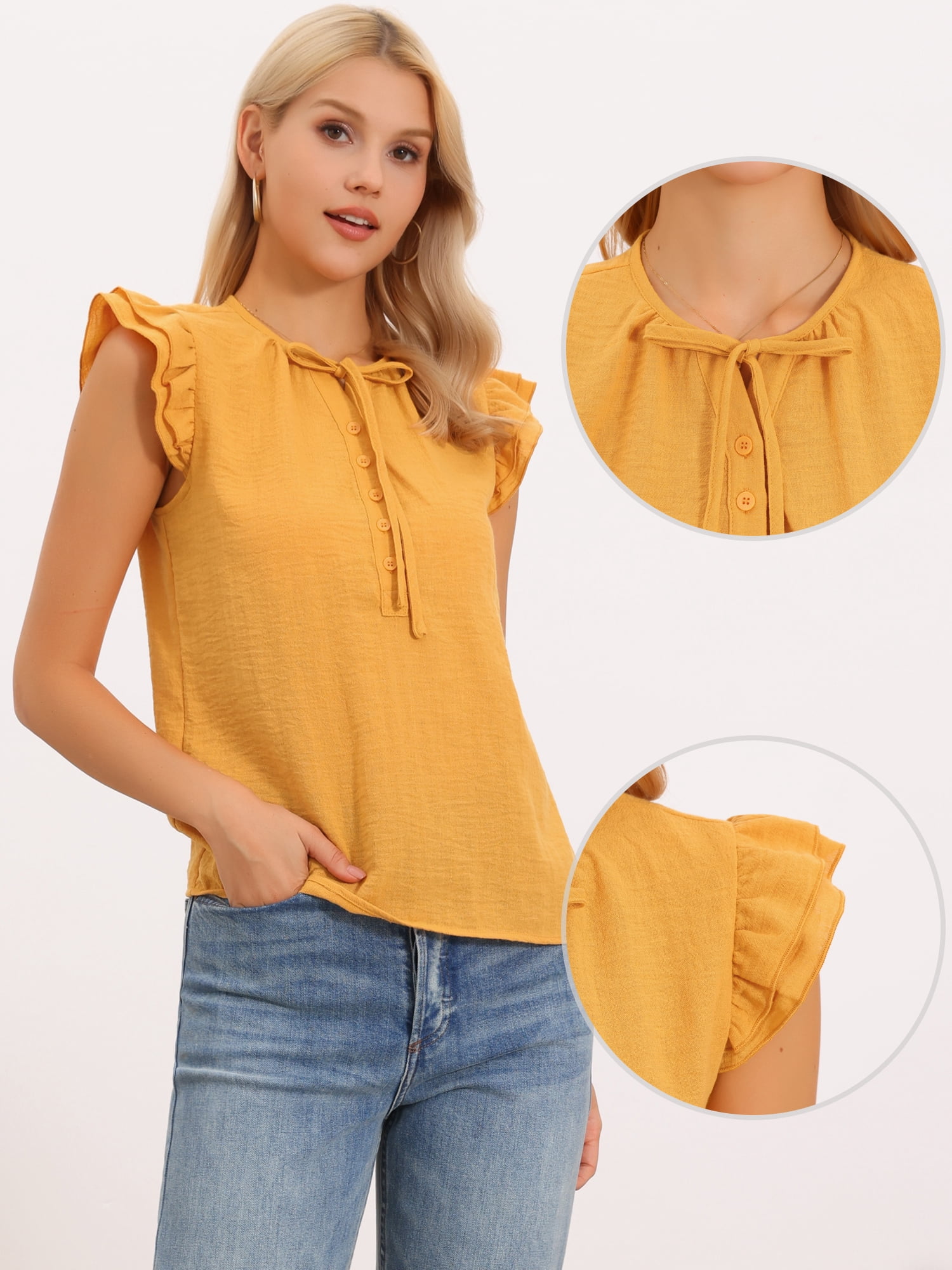 DARING DIVA Women's Ruffle Crew Neck Layer Cap Sleeve Blouses XS Yellow