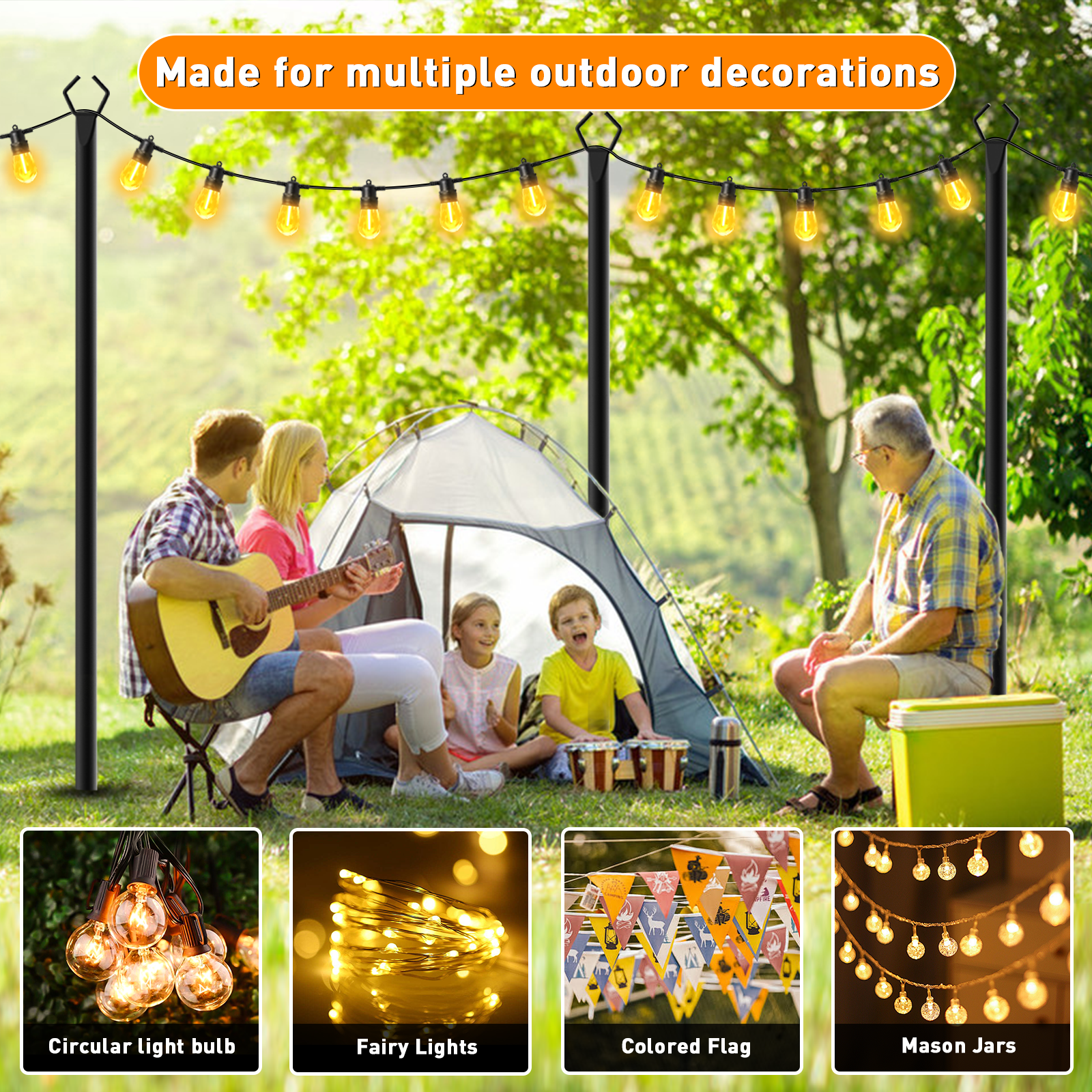 7Pack String Light Poles, 10ft Light Poles for Outside String Lights, Outdoor Lights Pole with Fork, Metal Poles Stand for Patio Deck Backyard
