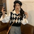 thumbnail image 4 of Lucyever Retro Argyle Pattern Women Vest Sweater Harajuku Preppy Style Sleeveless Sweaters Girl Autumn V-Neck Knitted Crop Tops, 4 of 5