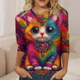 thumbnail image 6 of Ounisa 2025 Womens 3/4 Sleeve Tops Mardi Gras Outfit for Women Fashion Round Neck Clothes Cute Cat Printed Blouse, 6 of 7