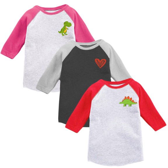 Toddler Girls Raglan Baseball Shirt Raglan Shirt Kids Girls Baseball Tee 2T Clothes 3T Outfits 4T T shirts 5T Shirts Dino Heart Dinosaur - Pack of 3