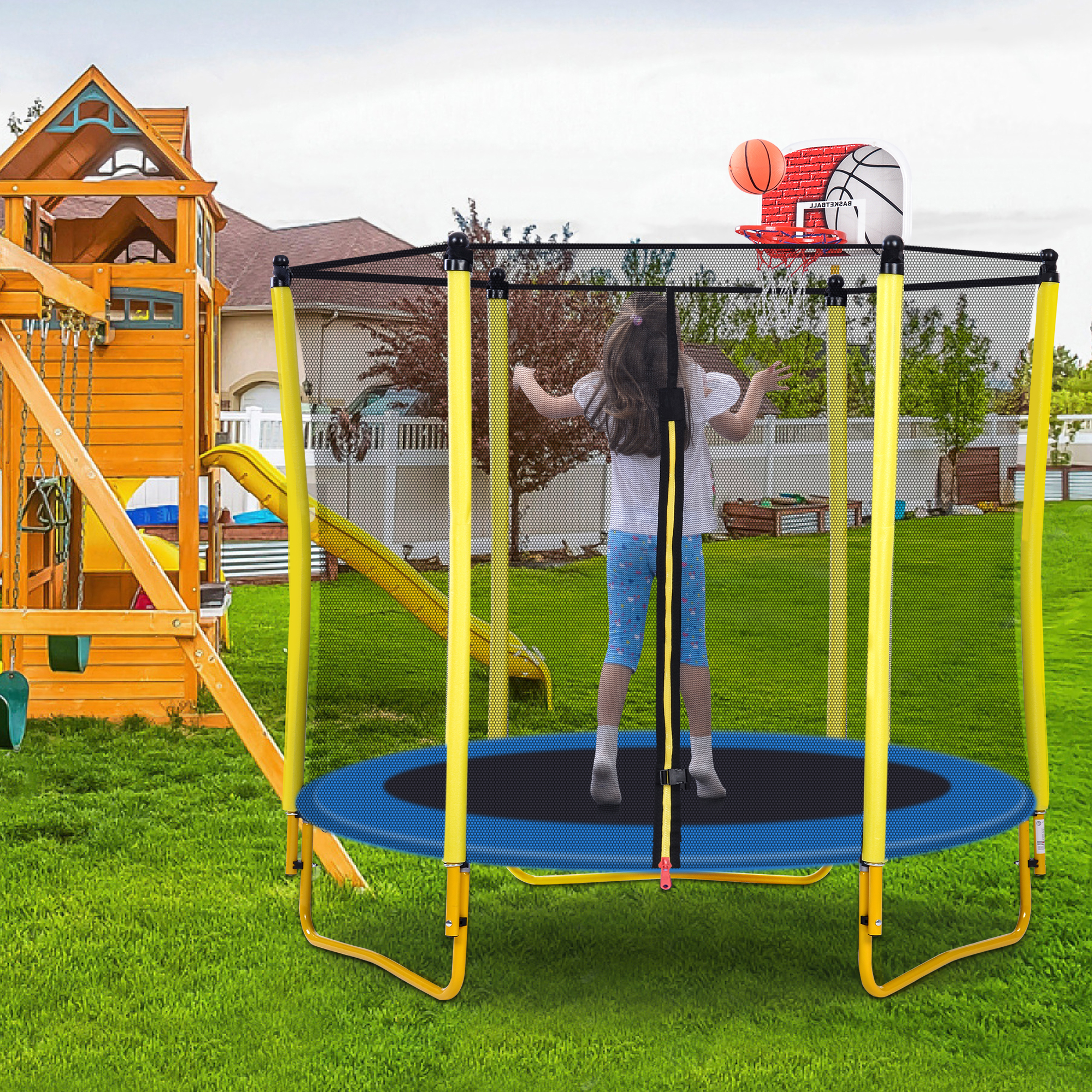 Leumius 5.5FT Trampoline for Kids,65" Outdoor Indoor Trampoline with Safety Enclosure Net,Mini Trampoline with Basketball Hoop and Ball,Yellow