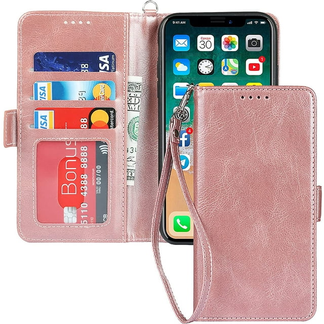 iPhone X/XS Wallet Case,Premium Leather Credit Holder Slot Magnetic Flip Kickstand Wallet Case