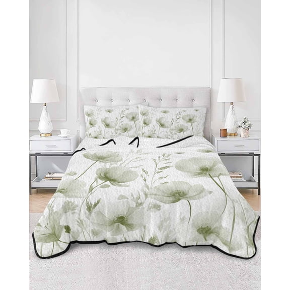 Quilts King Size, Sage Green Spring Floral Soft Comforter Bedding Set for Bed, Summer Botanical Watercolor Vintage Lightweight Quilted Bedspread with Pillow Cover(2 Pieces), 96x106 Inch