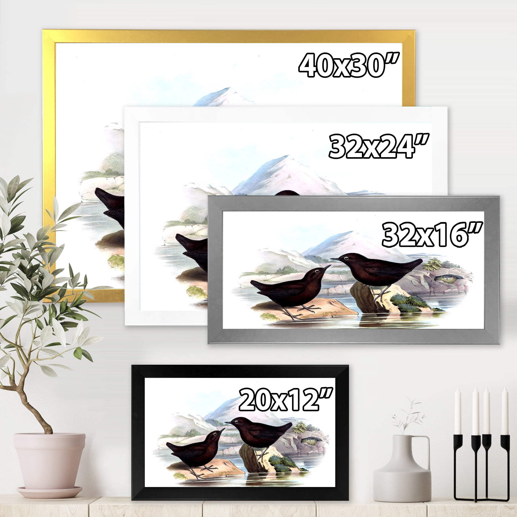 Designart 'Vintage Countryside Two Birds' Farmhouse Framed Art Print