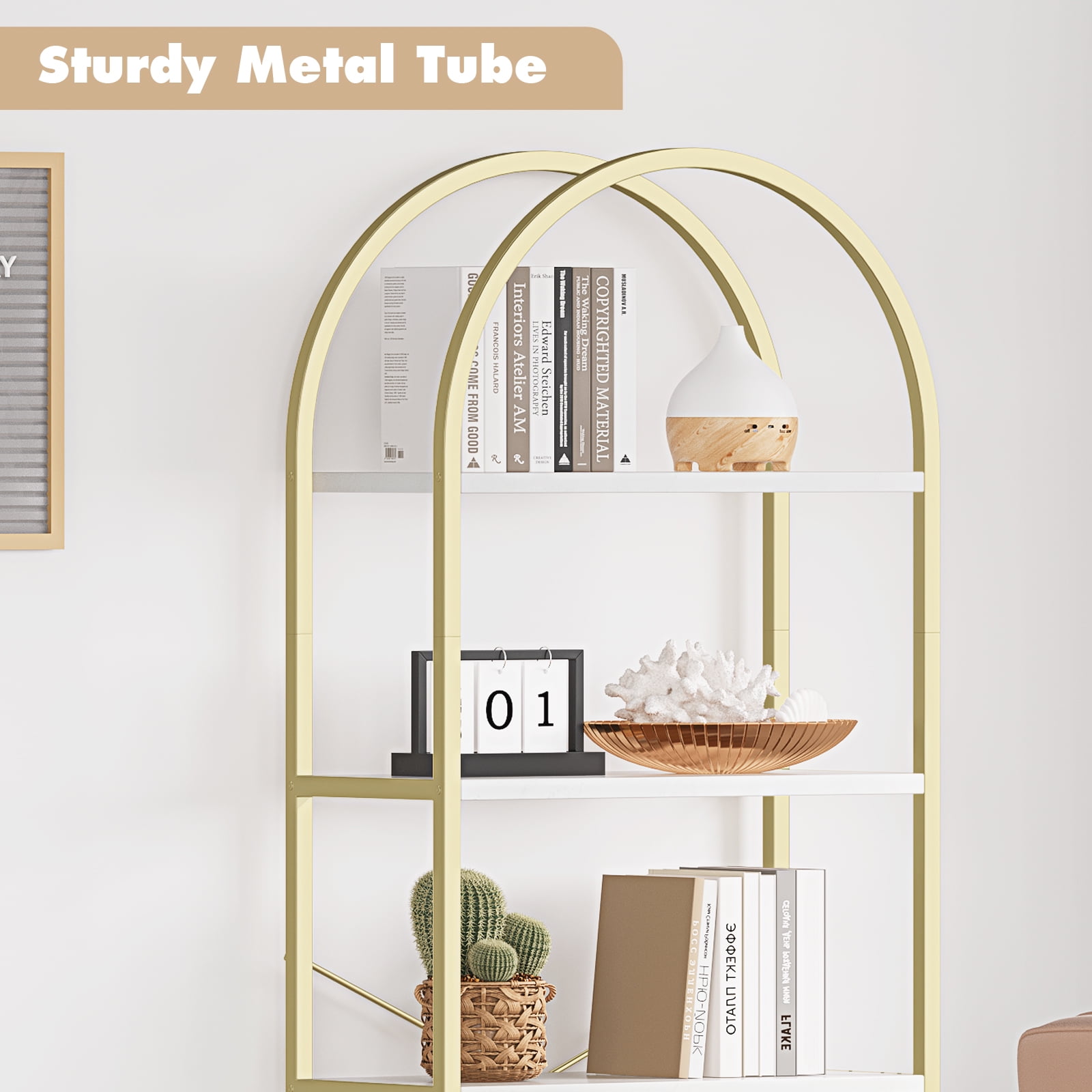 IDEALHOUSE Bookshelf 5 Tier Bookcase Arched Display Racks Tall Standing  Bookshelves Metal Frame Modern Storage Rack Shelf Large Wood Book Shelf for