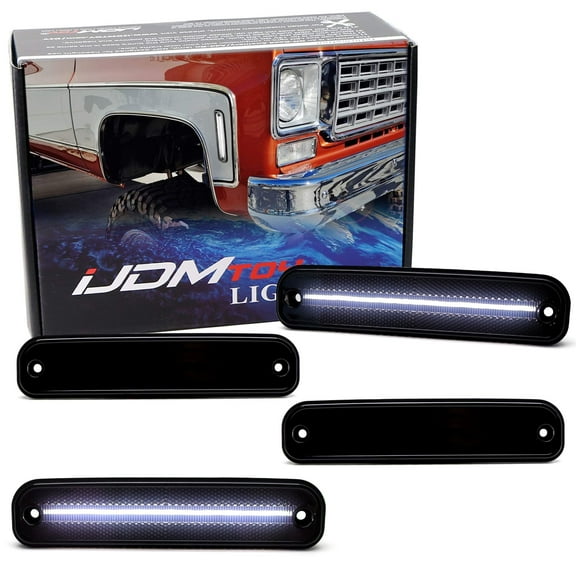 4pc Set Black-Out Smoked Lens Xenon White Full LED Strip Front/Rear Side Marker Lights, For Chevrolet/GMC 1975-1980 CK Pickup Truck and Blazer/Jimmy SUV