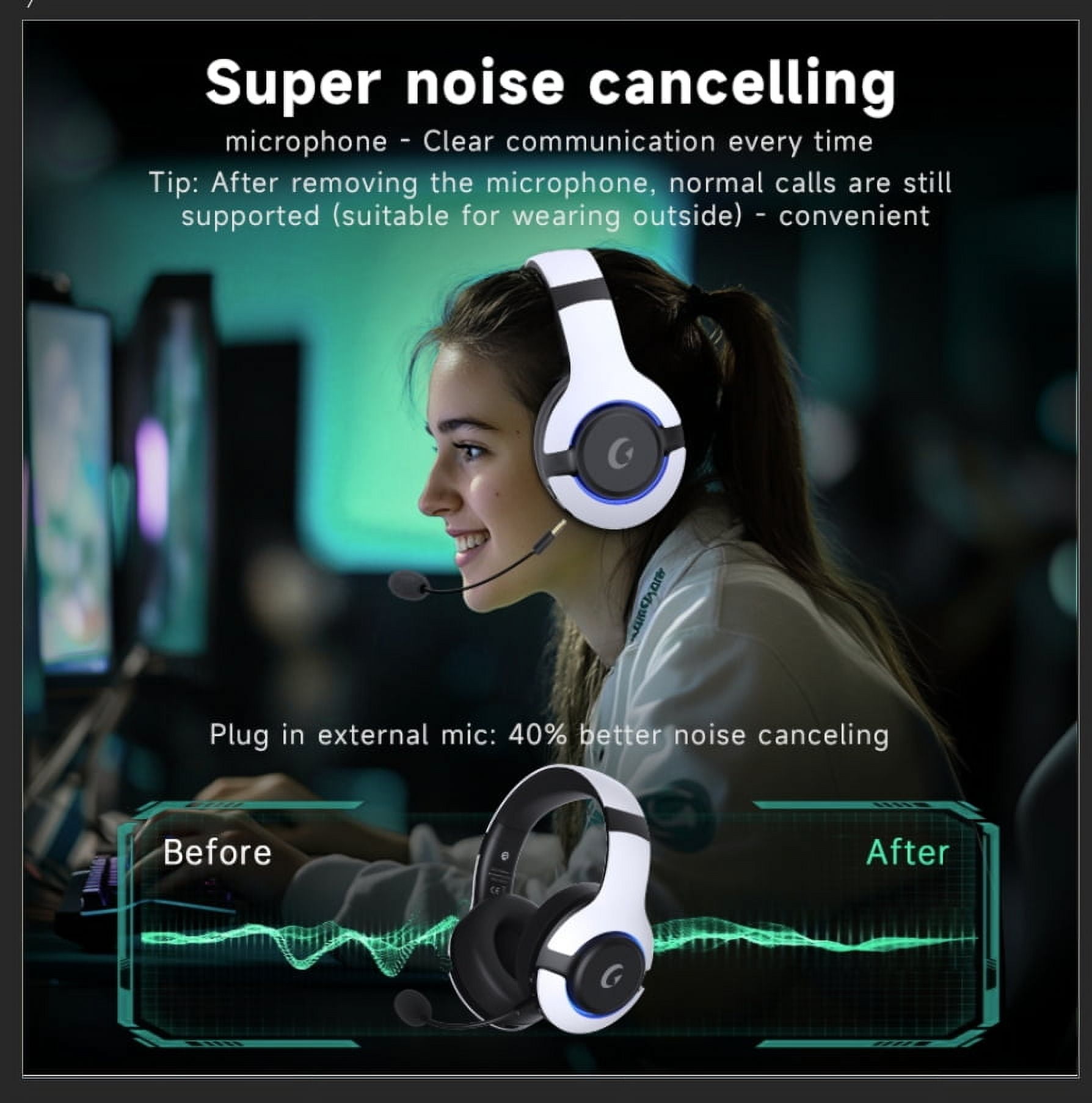 AYEDLOE 2.4GHz Wireless Gaming Headset for PS5, PS4, PC, Switch , Bluetooth 5.3 Gaming Headphones, Noise Canceling Mic, 45H, RGB, Black-White