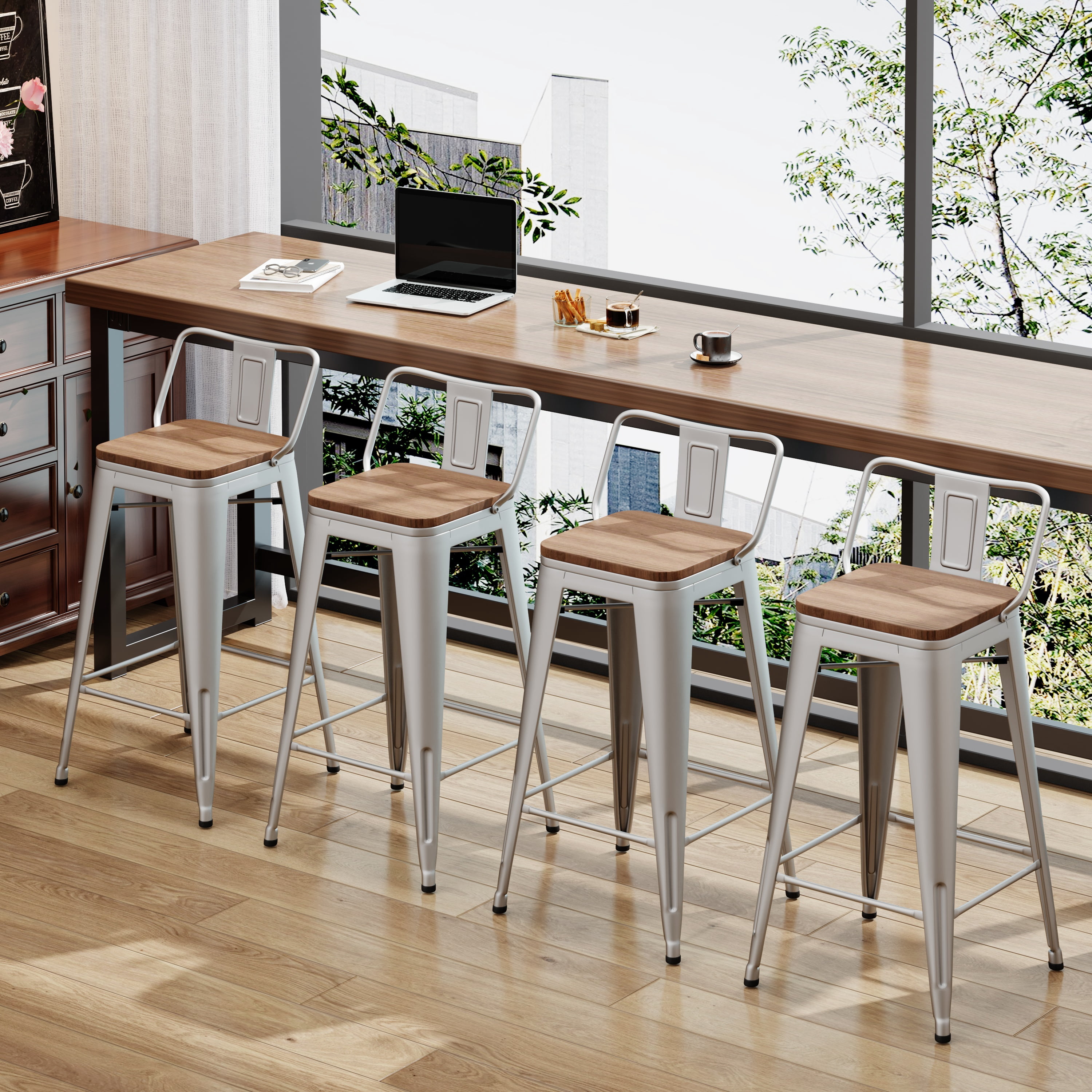 Andeworld Metal Bar Stools Set of 4 Kitchen Counter Height Barstools (26", Silver Wood Top Low Back)
