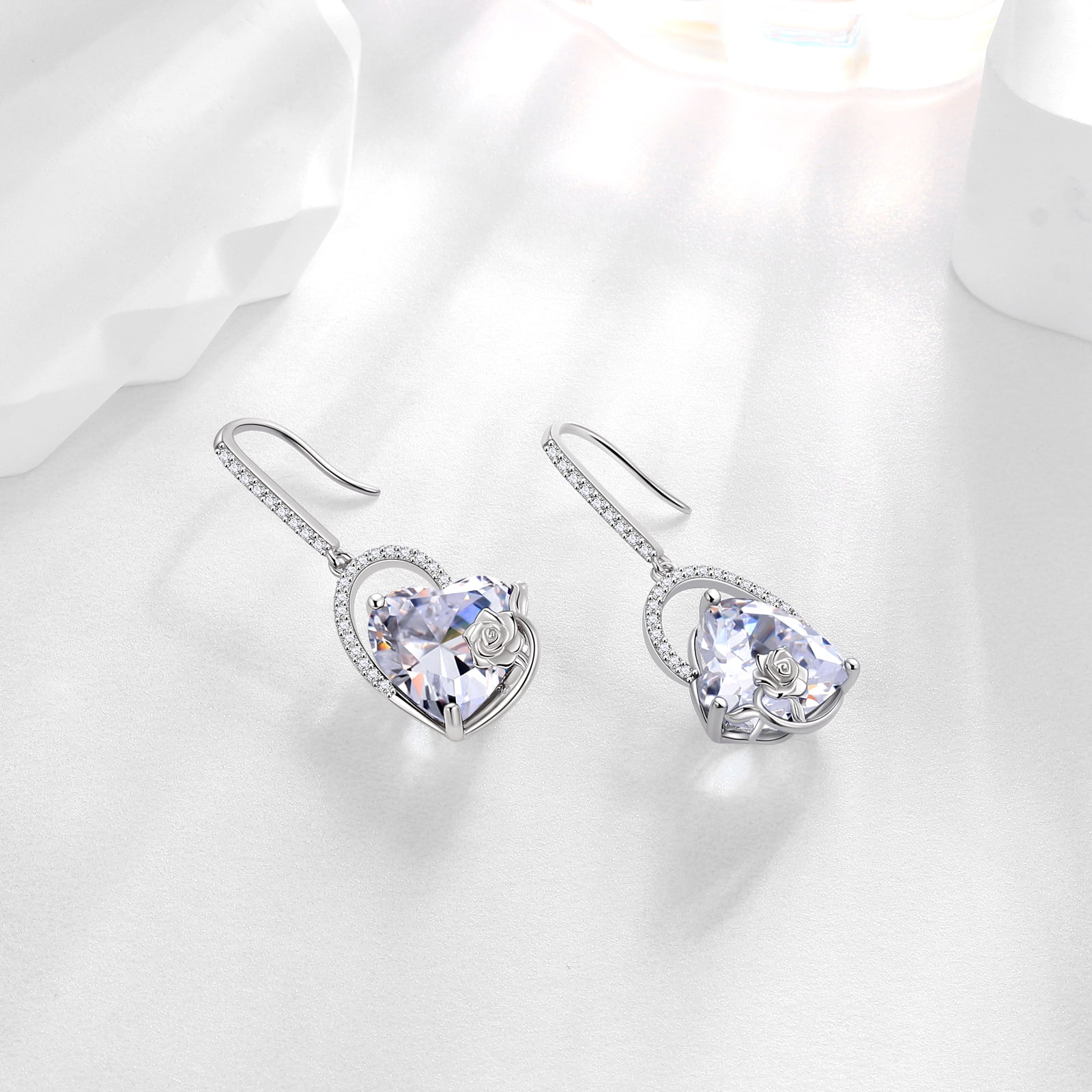 Juwaliy 925 Sterling Silver Earrings Women Heart April Birthstone Hook Dangle Earrings Diamond Rose Flower Wedding Bridal Jewelry Mom Valentine's Day Gift