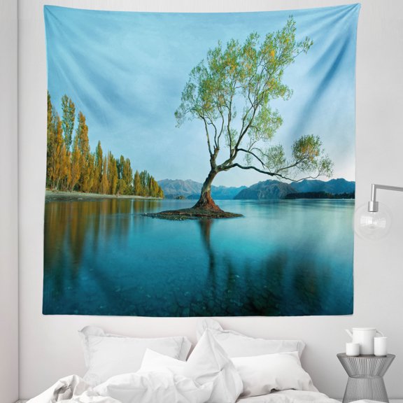 Spring Tapestry, Spring Tree on the Lake Surface Surreal Surprises of Mother Earth Photo Print, Fabric Wall Hanging Decor for Bedroom Living Room Dorm, 5 Sizes, Teal Fern Green, by Ambesonne