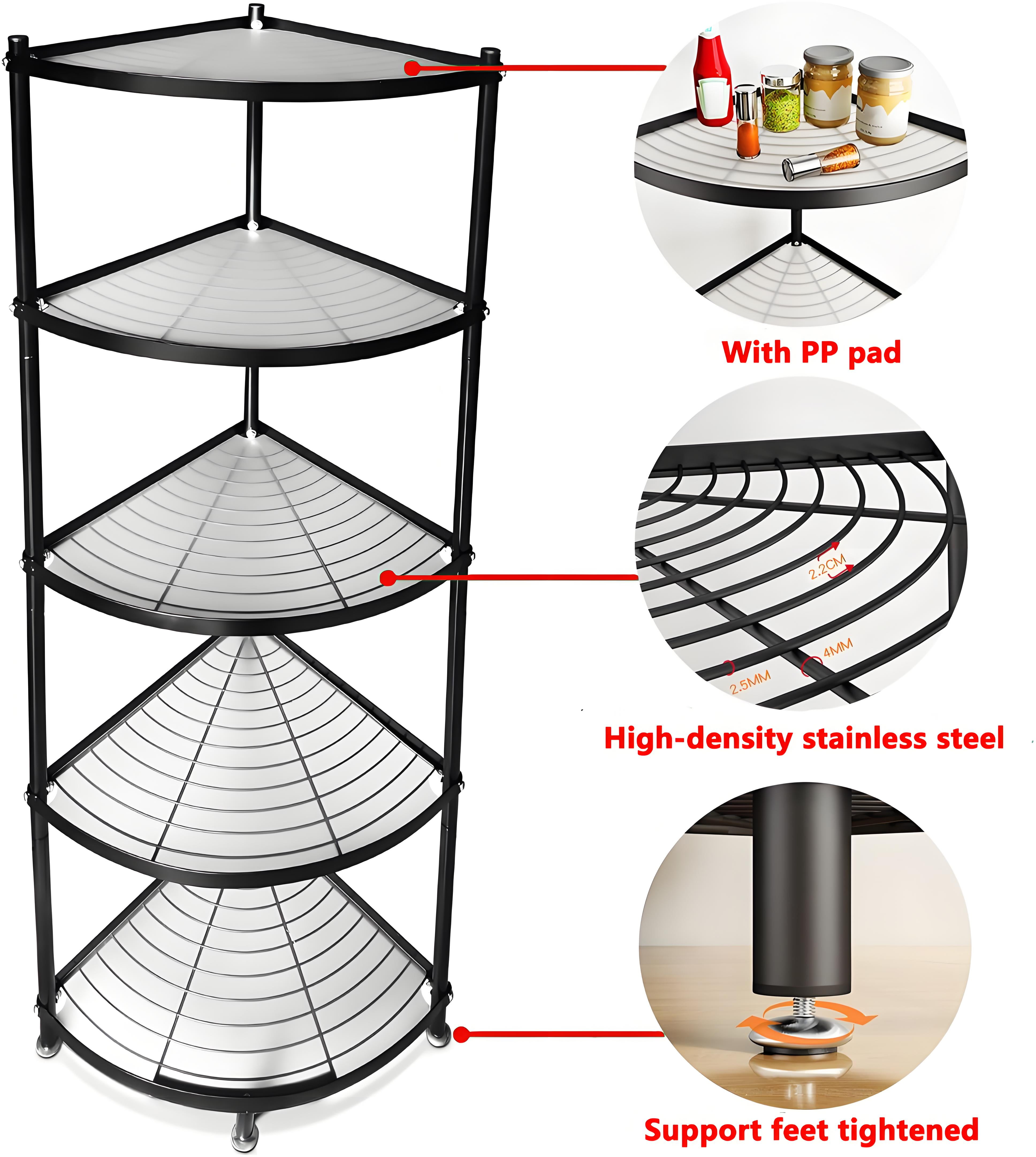 petoto 5-Tier Kitchen Pot Rack Stand Metal Wire Corner Shelf Rack Multi-Layer Storage Organizer Space Saving Storage Rack for Living Room, Office, Kitchen, Black