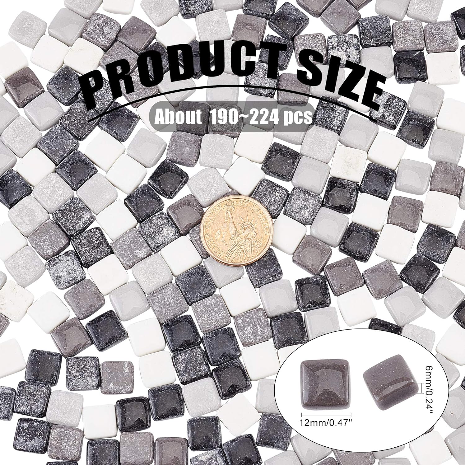PH 190 pcs 12mm(0.47 Inch) Square Glass Mirror Tiles Mini Glass Decorative Mosaic Tiles for Home Decoration Crafts Jewelry Making Black/White/Gray Mixed Color
