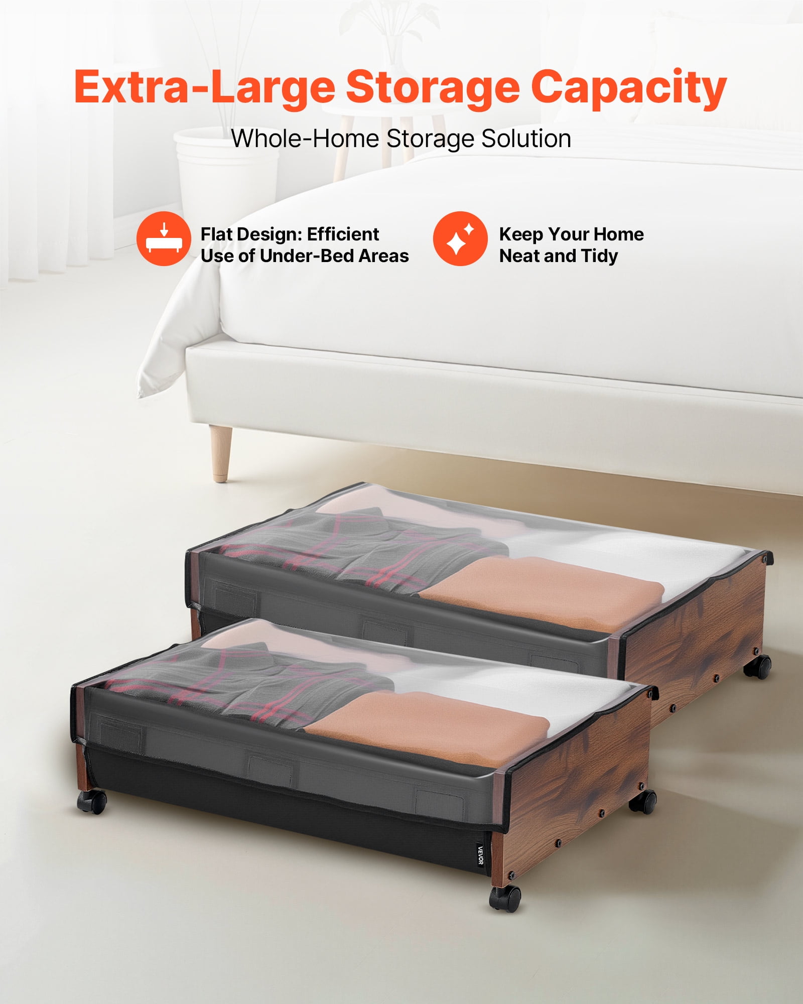 VEVOR Under Bed Storage with Wheels, 25.6 x 18.1 x 7.1 inch Underbed Containers, Underbed Shoes Organizer with Lockable Wheels, Rolling Under the Bed Storage Bins for Clothes, Shoes, Blankets, 2 Pack