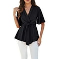 thumbnail image 2 of Clothing Delayuji Women's Sweatshirts Shirts for Women Women's Peplum Tunic Top Bell Sleeve V Neck Ruffle Hem Tie Front Elegant Shirt Blouses L Black, 2 of 9