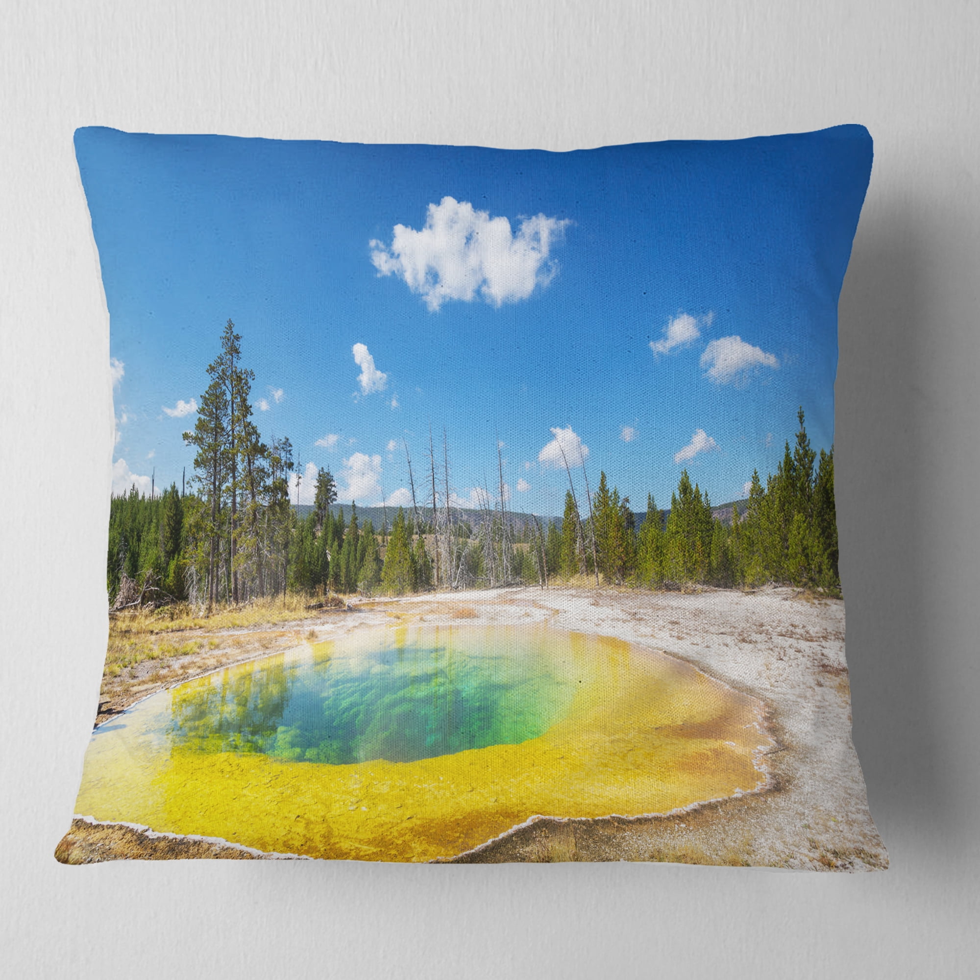 Designart Morning Glory Pool with Bright Sky - Landscape Photography Throw Pillow - 16x16