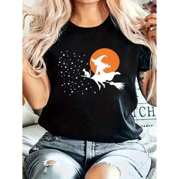 Witch Flying On Broomstick With Cat And Stars Graphic, Round Neck Casual T‑Shirt, Halloween Party Festival, Daily Wear