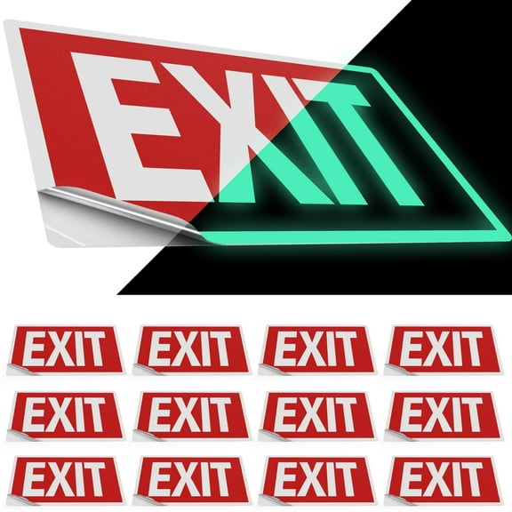 Sunco 12 Pack Photoluminescent Exit Signs, Glow In The Dark Emergency Sign, Non-Electrical, Adhesive Backing, Fade Resistant, Waterproof, Tear Resistant, Up to 50FT Visibility.