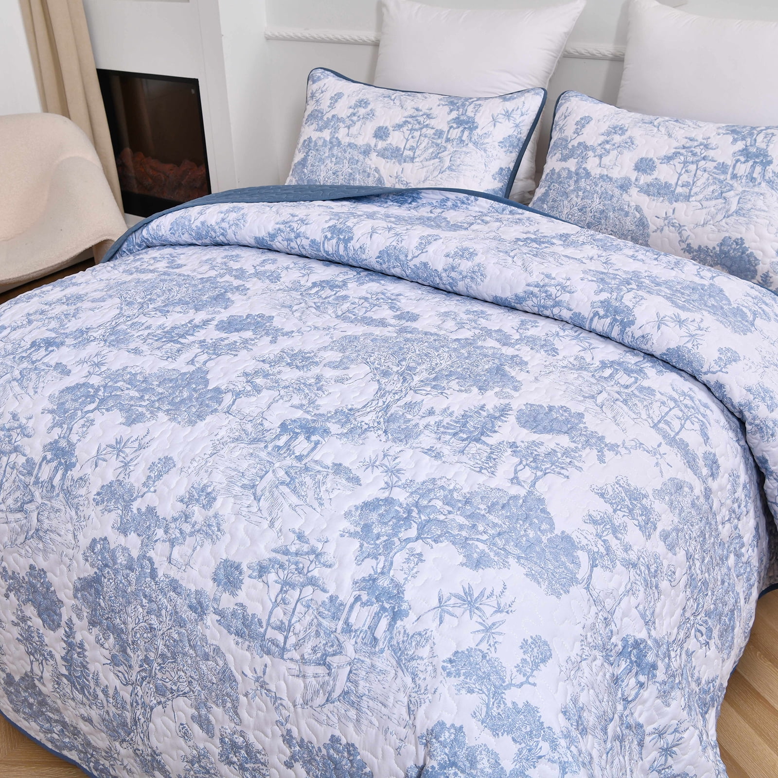 Dintszyayue Botanical Queen Size Quilt Set Blue,3Pcs Plants Pattern Sketch Soft Bedspread Set Adult(90"x96")