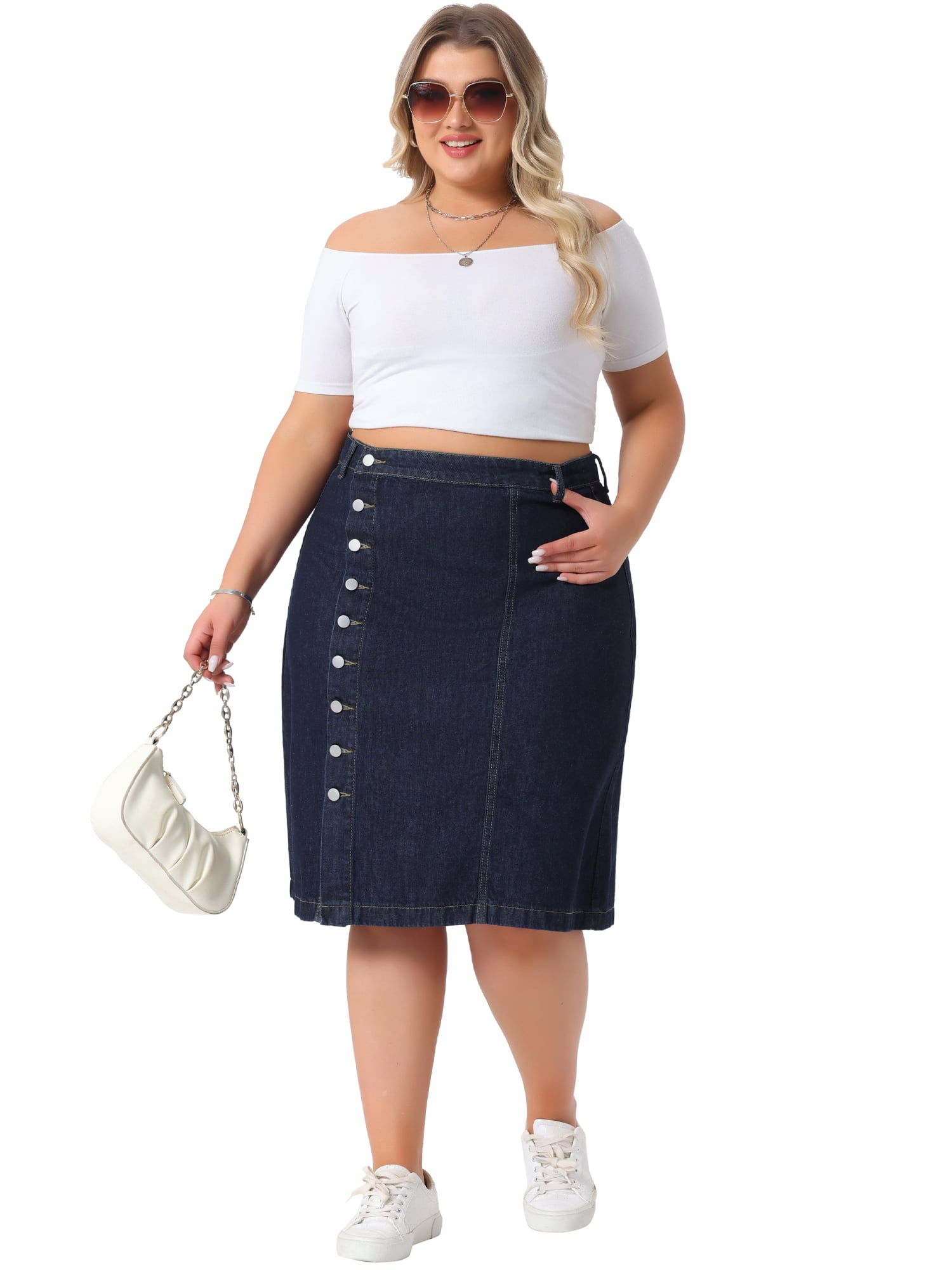 DARING DIVA Women's Plus Button Front High Waist A Line Midi Jean Skirt 1X Dark Blue