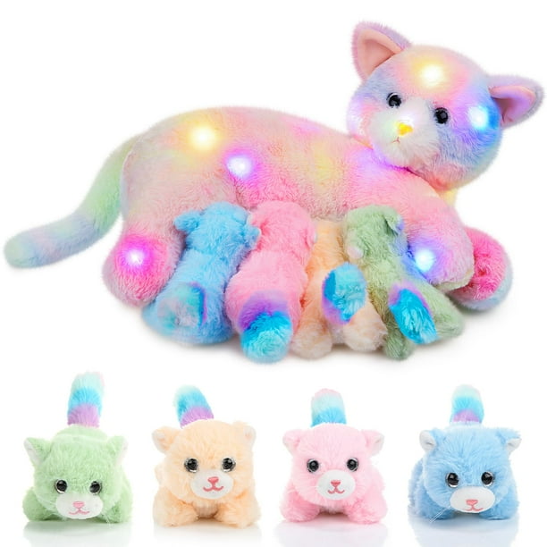 Peluche Skylety, gato cariñoso con 4 gatitos de peluche de 40 cm