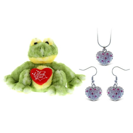 Frog Jewelry - Super Soft Plush and Jewelry and Jewelry Dollibu Cute Green Frog I Love You Valentines Plush and Aqua Jewelry Pink Heart Sparkling Necklace and Aqua Jewelry Pink Heart Sparkling Earrings