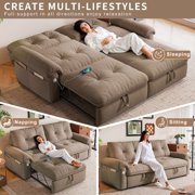 77 Queen Size Sofa Bed, Loveseat Sleeper Sofa with Pull Out Bed, Pockets and USB, Modern 2 Seater Convertible Small Couch for Living Room Bedroom Apartment, Brown
