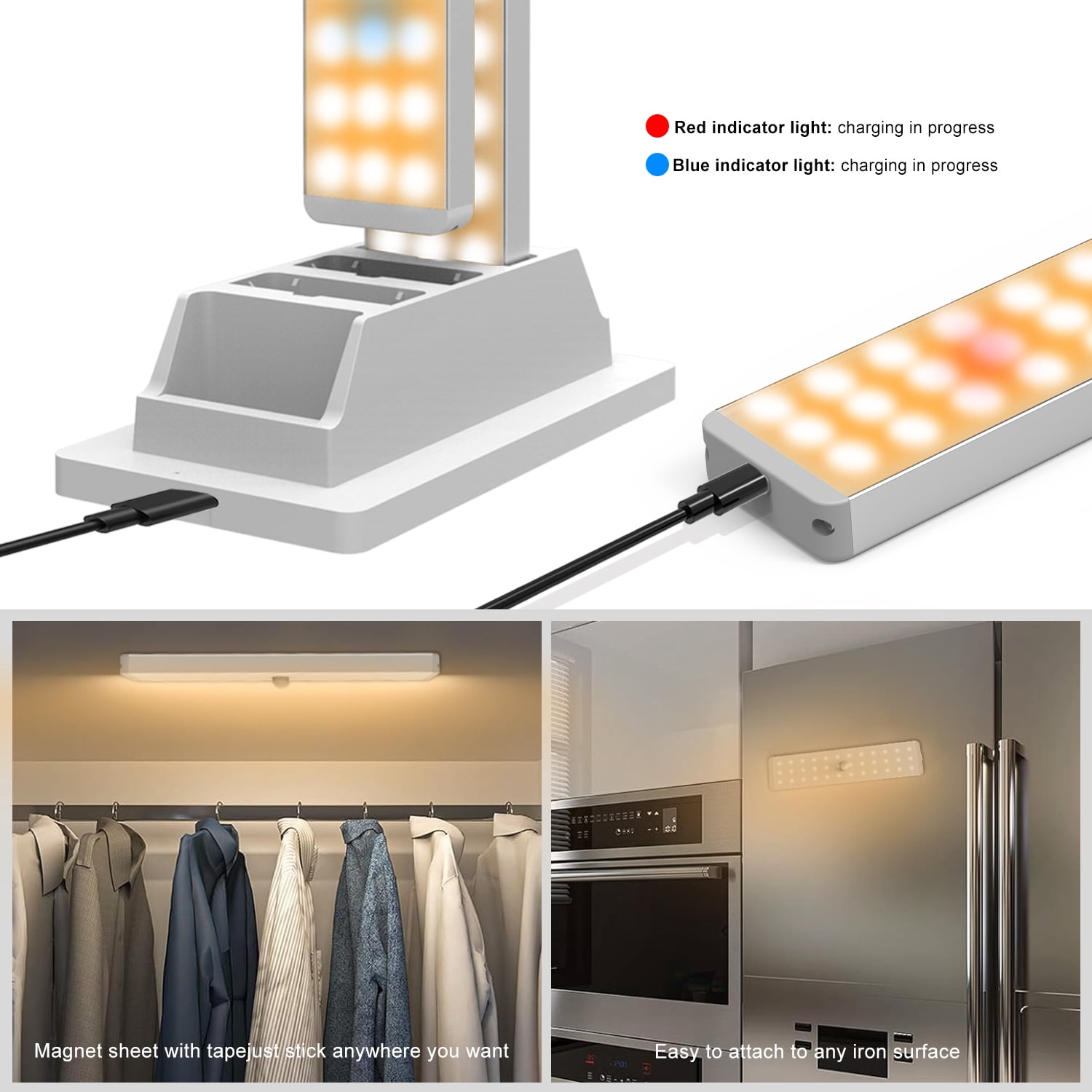 36 LED Closet Light with Charging Station, Motion Sensor & Remote Control, 3Pack Rechargeable Under Cabinet Lighting for Wardrobe, Kitchen, Bedroom - Wireless Stick-On Night Light