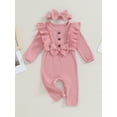 thumbnail image 2 of xiaxaixu Baby Girl 2Pcs Fall Outfits Long Sleeve Bow Front Ruffle Romper with Headband Set Infant Clothes, 2 of 9