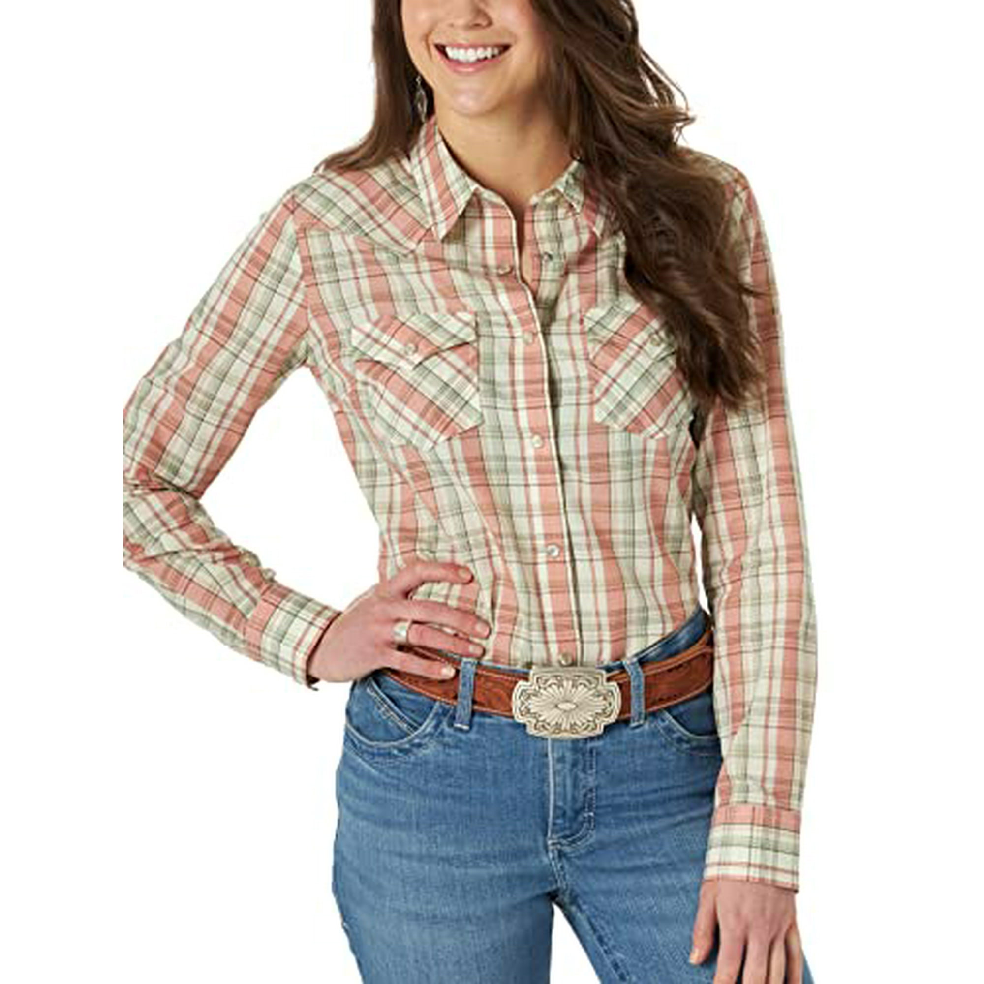 Chemise Western a Manches Longues pour Femmes a Carreaux Beiges Moyenne Walmart