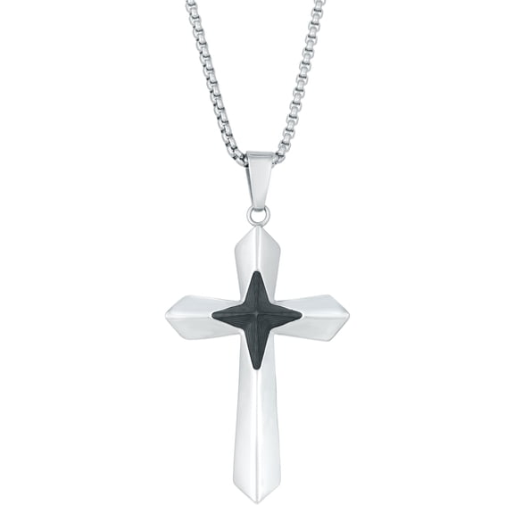 Stainless Steel Carbon Fiber Cross Pendant - 24 Inch Round Box Chain