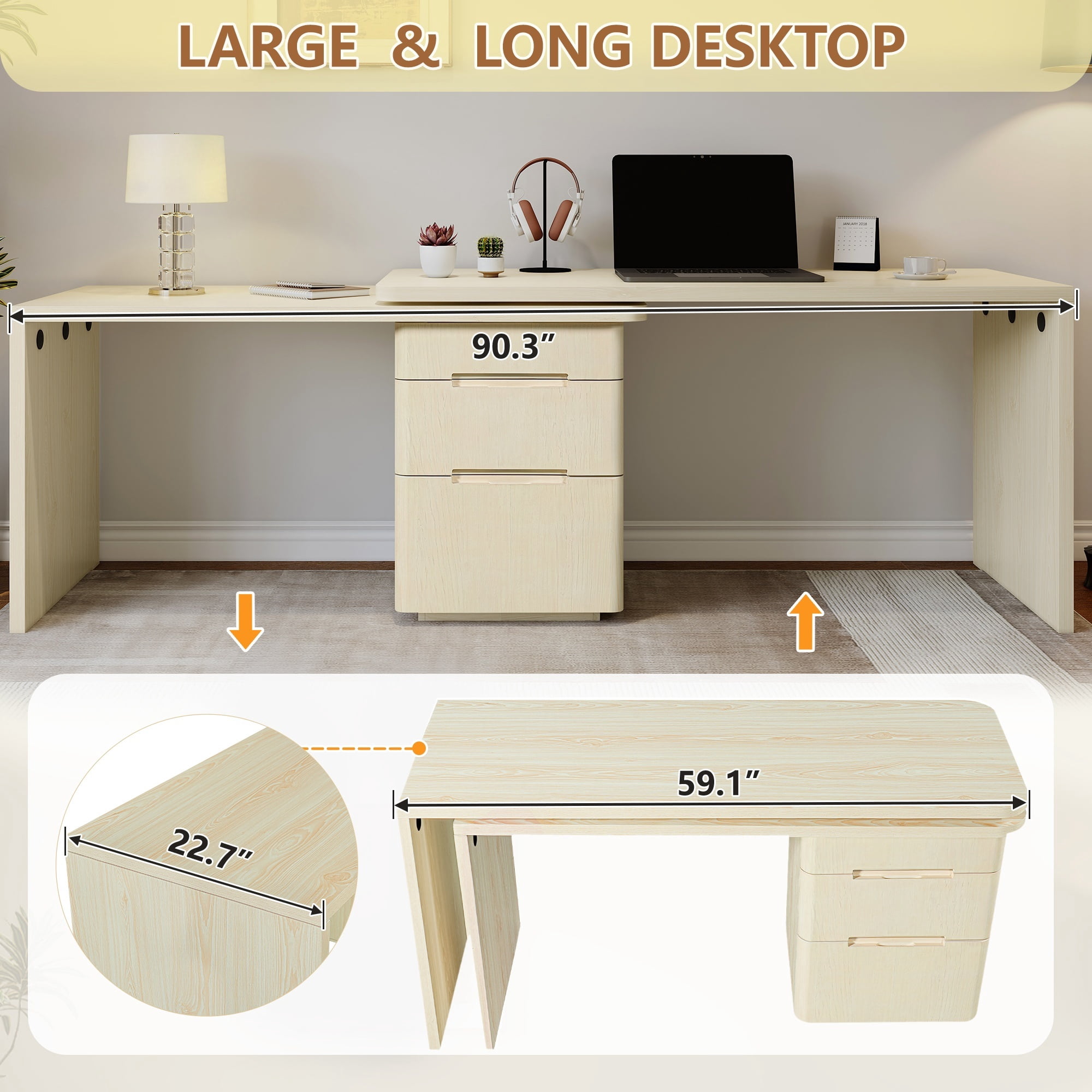 90" L Shaped Desk with 3 Drawers, 360° Rotating Corner Desk, Modern Executive Office Desk in Natural Wood, for Home Office Living Room Study Workstation