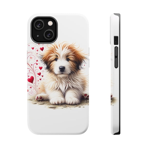 DistinctInk Tough Case for Apple iPhone 14 PLUS (6.7" Screen), Compatible with MagSafe Charging - Valentine's Day Pyrenean Shepherd Puppy