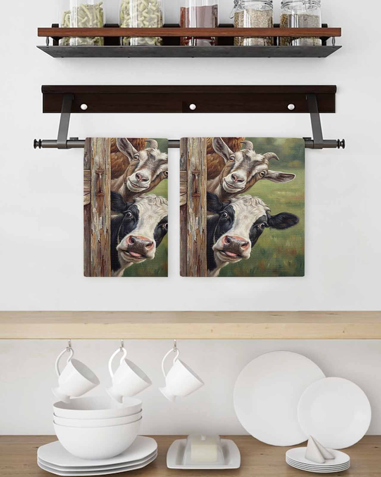 Farmhouse Animals Kitchen Dish Towels for Drying Dishes Set of 4, Country Cows Sheeps Roosters Farm Waffle Weave Microfiber Hand Tea Bathroom Towels Quick Dry & Absorbent Towel 15.7x23.6