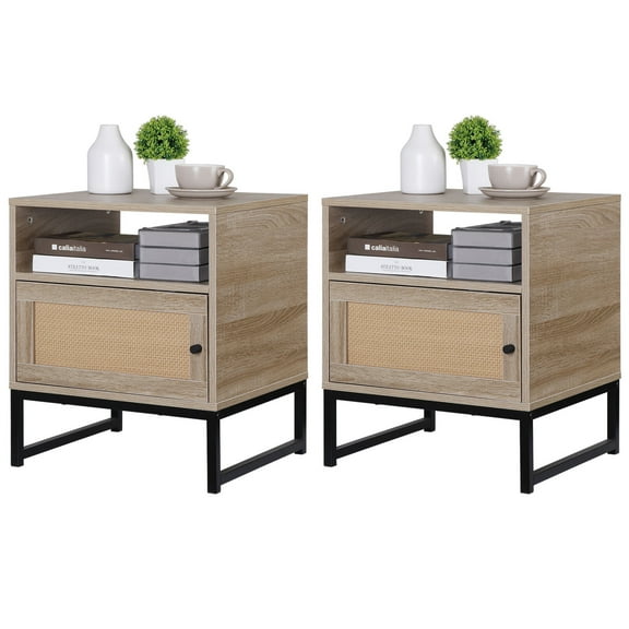 MarketLane 2pcs Rattan Nightstand, Boho Night Stand with Open Storage Shelf & Rattan Decorative Door, Accent End Table with Metal Legs, Natural Wood Bedside Table for Bedroom Dorm