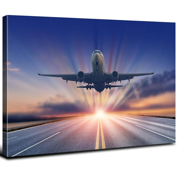 Aaheei Airplane Wall Art for Living Room Colorful Sunset Landscape Pictures Wall Decor Boy Bathroom Aircraft Flying Over Runway Horizon Panoramic Canvas Prints Painting Artwork Office Home Decoration