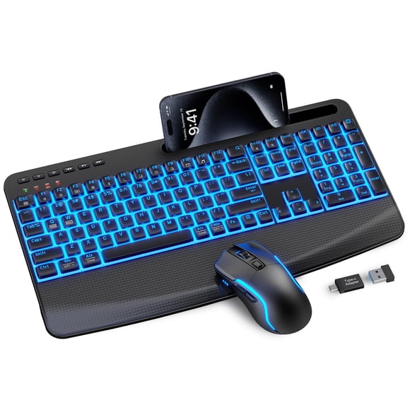 SABLUTE Wireless Keyboard and Mouse Combo, Rechargeable 4000mAh Light up Quiet Keyboard with Wrist Rest & Phone Holder, Ergonomic Silent Typing for P