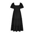 thumbnail image 4 of CFLVAEK Classic Solid Color Summer Dresses for Women Casual V Neck Shirt Dresses Flowy Botton Beach Dress Tiered Smocked Solid Dresses with Short Sleeve Black S, 4 of 5