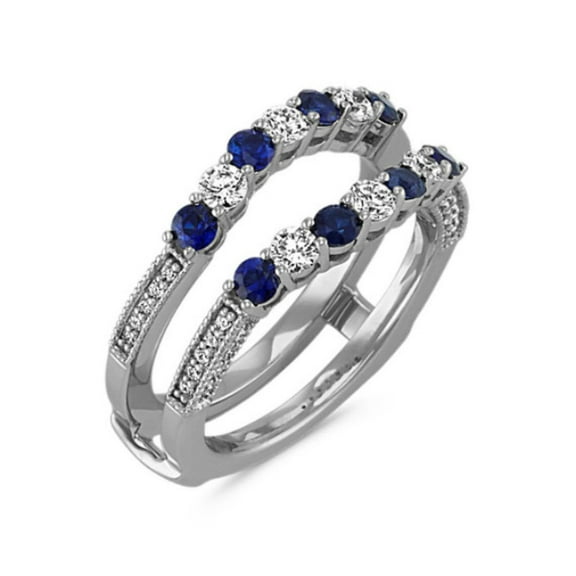 Blue Sapphire & White CZ Double Band Ring Enhancer in 925 Sterling Silver – Pavé Side Accent Ring Guard – Bridal Wedding Jacket for Women