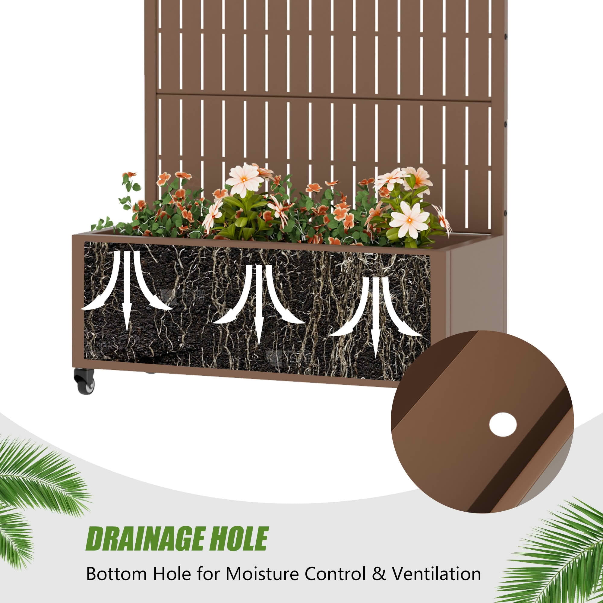 MAYEERTY 72X35" Metal Outdoor Brown Privacy Screen with Planter Box for Backyard & Garden, 5 Piece Set