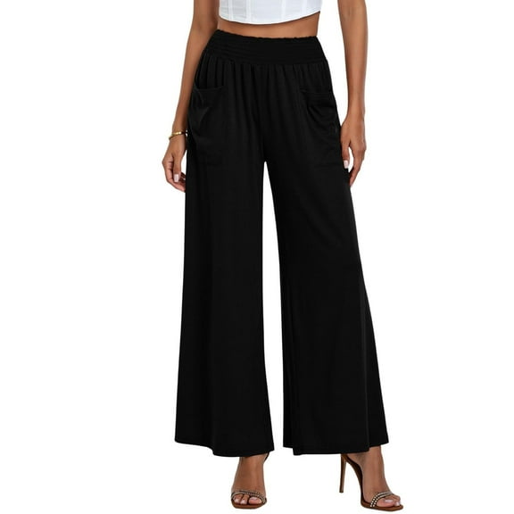 SWSMCLT Women's Palazzo Pants Baggy Lounge Ankle Spandex Pleated Thin Casual Pants Trousers Lightweight Black 10-12