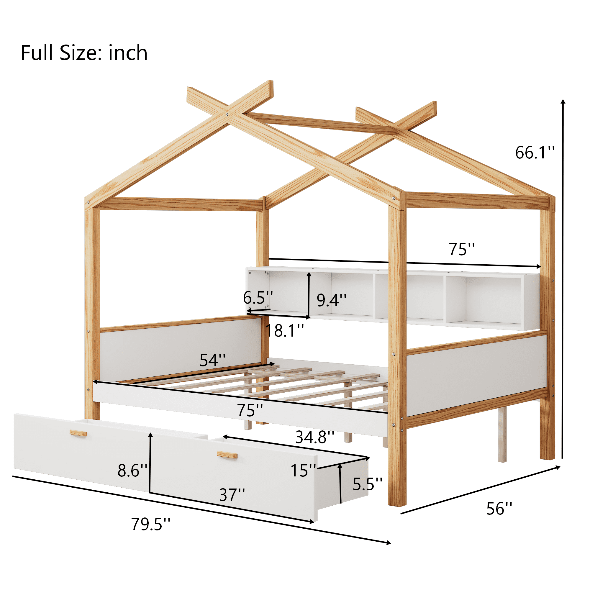 Euroco Wood Full Size House Bed with Bookcase and Drawers, White